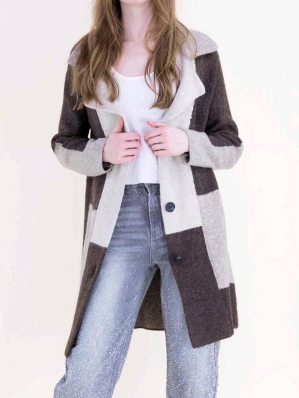 NWT Boutique Women's Two-Tone Brown & Cream Long Knit Sweater Coat Small~Medium